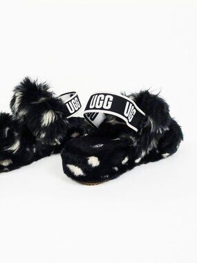 UGG Oh Yea Spots Fluffy Slippers Sandals Womens 9 40 Double Strap Slingback EUC